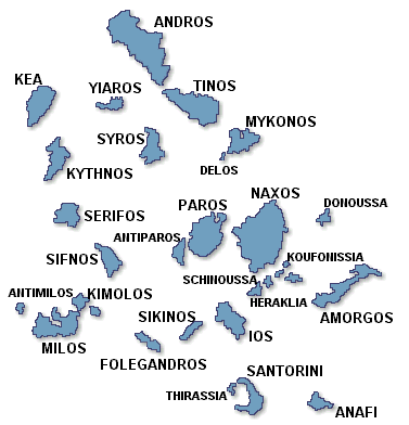 Cyclades islands - Mykonos, Santorini, Paros, Naxos, Sifnos, Syros, Milos, Andros, Kea, Serifos, Kythnos, Anafi, Amorgos, Antiparos, Delos, Kimolos,